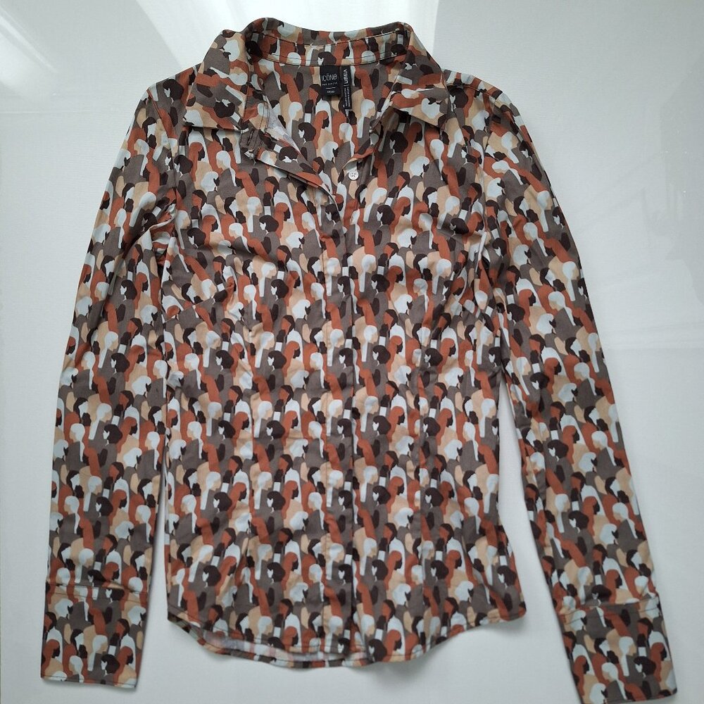 Simons Icone People Print Button Down Shirt Organic Cotton Blend